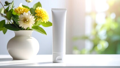 A white tube stands beside flowers in a vase on a white surface, blurred foliage backdrop, soft lighting