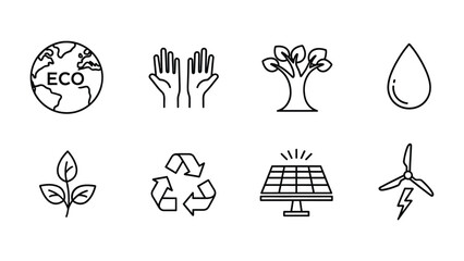 Fototapeta premium Eco-Friendly Icons: A visual tapestry of eco-friendly elements, artfully illustrated with icons representing Earth, protection, trees, water, leaves, recycling, solar panel, and wind turbines.