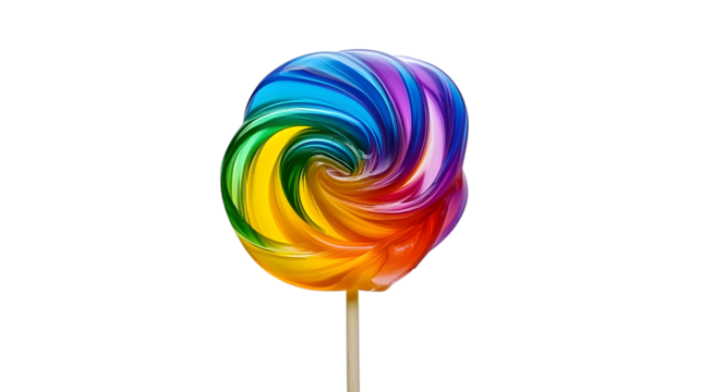 Vibrant rainbow swirl lollipop candy on stick, isolated on white background.