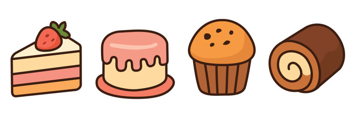 Sweet Bakery Dessert Vector Set – Cake, Muffin, Roll, and Pastry Illustration EPS