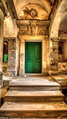 Green Doorway in an Old Building with Stone Steps.