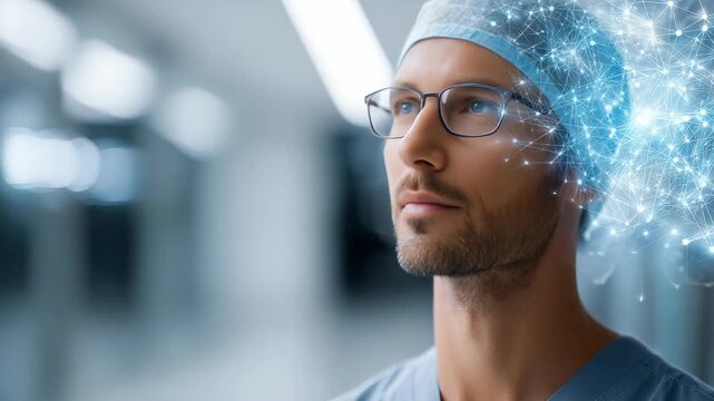 Young male healthcare professional in scrubs, cap is depicted with glowing neural network graphic, representing AI integration in medicine. Highlights innovation, modern medical advancements