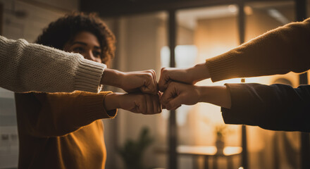 A unified group fist-bumps in a moment of solidarity, showcasing teamwork and collaborative strength in a warm, inviting setting. 