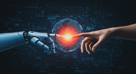 The fusion of human and artificial intelligence, the creation of a powerful digital connection. A conceptualization of technological and human touch, a digital touch.