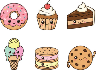 Cute Sweet Treats Party Characters Vector Illustration Set