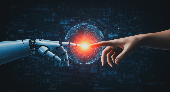 The fusion of human and artificial intelligence, the creation of a powerful digital connection. A conceptualization of technological and human touch, a digital touch.