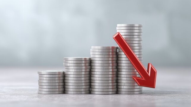 Financial Concept Depicting Stacks of Coins with Red Arrow Indicating Decline in Value, 3D Visualization of Economic Downturn