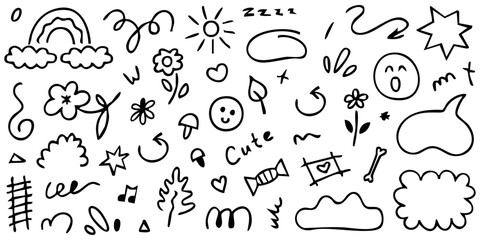cute hand-drawn black line art doodle elements set: rainbow, sun, flowers, arrows, and funny smiley faces