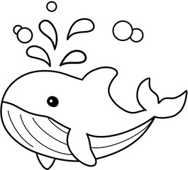 Cute Sea Creatures Coloring Page – Fish, Crab, Jellyfish, Starfish, and Whale Line Art Illustration