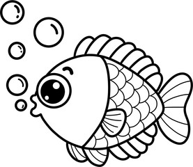Cute Sea Creatures Coloring Page – Fish, Crab, Jellyfish, Starfish, and Whale Line Art Illustration