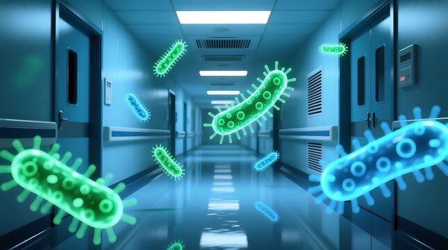 Glowing Microorganisms Floating in a Sterile Hospital Corridor