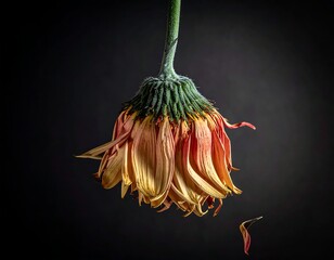 A wilting orange and yellow flower hangs, its petals drooping against a dark, blurred background, one petal falling