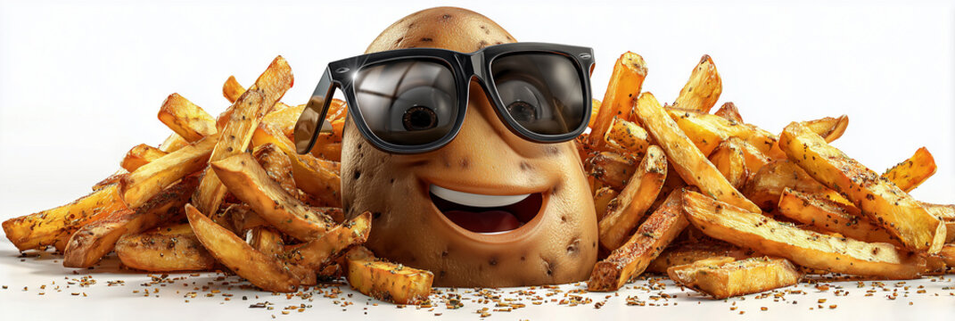 Extreme close-up of a hyper-realistic smiling potato character in sunglasses surrounded by crispy golden french fries, isolated on white background. Generative Ai.