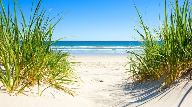 Relaxing beach scene coastal shoreline nature photography sunny day frontal view tranquil vibes for vacation planning - Powered by Adobe