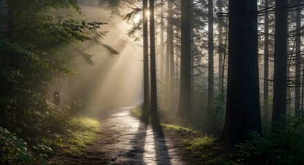 Obraz premium Sunlit Path Through a Misty Forest Nature's Serene Embrace