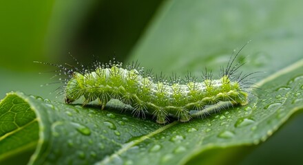 Naklejka premium A beautiful bright green caterpillar with fine white hairs resting on a wet leaf