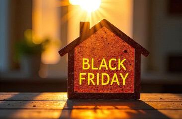 Wooden frame in shape of house with inscription Black Friday inside indoors with sunlight. Real estate, realtor, mortgage, insurance, booking. AI generated