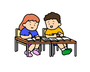 教科書を見る隣とペア　茶髪アジア人ペア