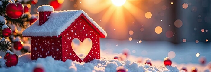 Cozy red tiny house on snow in sun rays, decorated with red heart and Valentine decor. Real estate, realtor, mortgage, insurance, booking, wintering, insulation, heating.