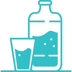 Teal Outline Of A Tall Glass Bottle Filled With Liquid And Bubbles Next To A Short Glass With Liquid On A Surface Isolated On A White Background
