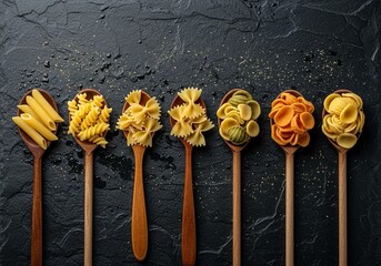 Discover vibrant artisan pasta varieties in wooden spoons against a textured black stone backdrop offering a culinary journey perfect for food blogs and gourmet recipes