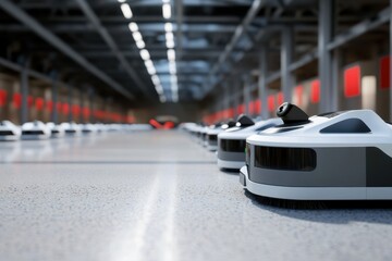 Autonomous robots operate in a modern warehouse for efficient logistics management