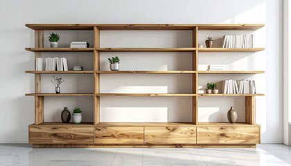 Wooden bookshelf with books and decorative items displayed in organized manner

