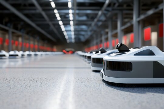 Autonomous robots operate in a modern warehouse for efficient logistics management