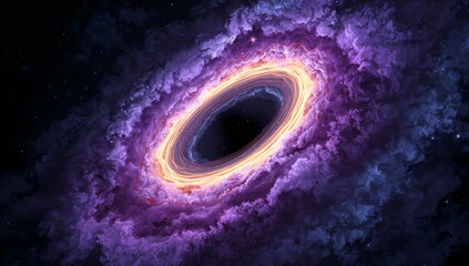 Orbiting bright accretion disk circling black hole within nebula, swirling nebular clouds and stars