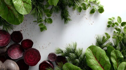 top view, cinematic close-up, super realistic details, Fir plants, Chlorella, beet leaves, beetroot on the edges