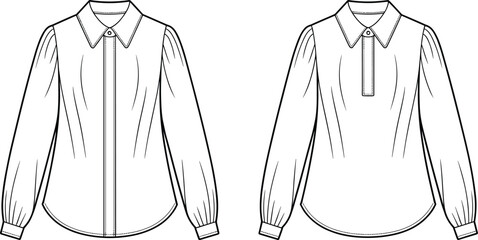 Women blouse vector, fashion flat sketch, technical apparel drawing, long sleeve shirt design, collar button placket, garment construction mockup illustration