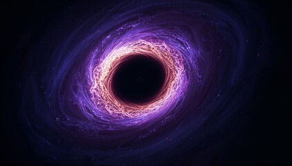 Showcasing black hole drawing purple filaments in space, with accretion disk and distant stars