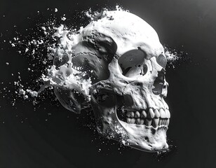 A skull disintegrating into dust particles, creating a dramatic and surreal monochromatic visual effect against a dark backdrop