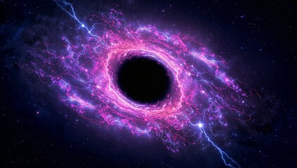 Displaying black hole swirling plasma accretion disk among distant stars, with electric-blue arcs