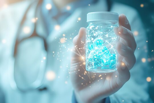 A scientist holds a jar filled with glowing substances in a laboratory setting during research