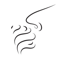 Hand drawn minimalist vector icon of a nose with scent waves