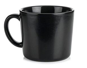 A sleek, black, ceramic mug with a curved handle, illuminated against a white background, casting a soft shadow