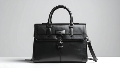 A sleek, black leather briefcase with a top handle and shoulder strap sits against a gradient white background