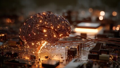 Glowing brain atop a circuit board, neural network illustration