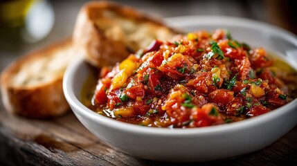 Fresh pico de gallo salsa serving with toasted bread