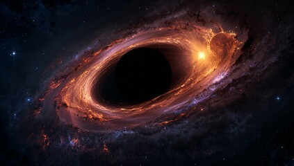 Displaying central black hole swirling within orange accretion disk in space, with stars and nebula