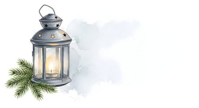 Christmas vintage lantern with a burning candle and fir branches a watercolor holiday illustration