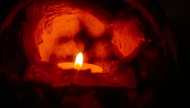 Tealight candle flame flickering in hollow clay cavity, with rough stone texture on walls - Powered by Adobe