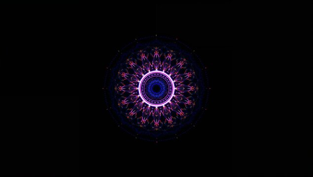Glowing neon kaleidoscopic mandala pattern floating in dark void, with fractal lace motifs
