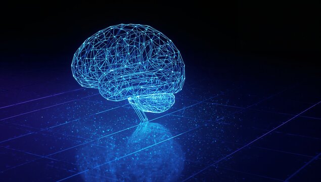 Floating glowing blue 3D wireframe brain hovering above reflective grid, with holographic particles