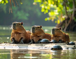 A group of capybaras resting peacefully by a riverbank with several turtles sunbathing beside them
