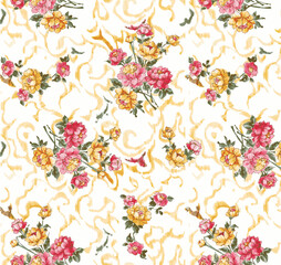 abstract seamless ikat pattern with botanical flower bunches. watercolor floral pattern on abstract background. ethnic pattern. design for wallpaper, wrapping paper, fabric, textile print.