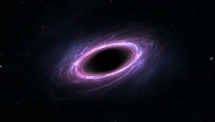 Swirling massive black hole drawing glowing gas in deep space, with purple accretion disk and stars