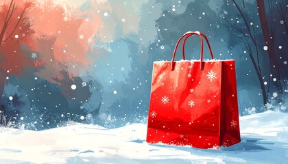 A single, red gift bag adorned with snowflakes in a winter landscape