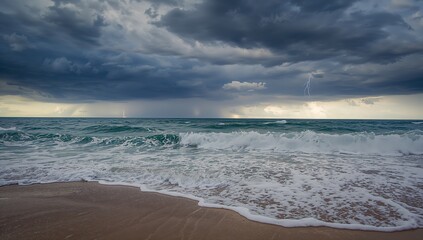 Crashing ocean waves pounding sandy beach under dark storm clouds, with lightning bolt and sailboat